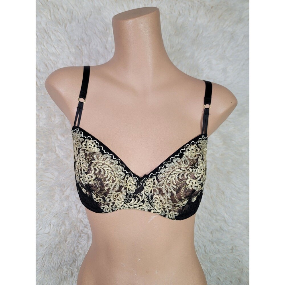 Natori Bra Women's Size 32DD Semi Sheer Lace Gold & Black Adjustable Straps P